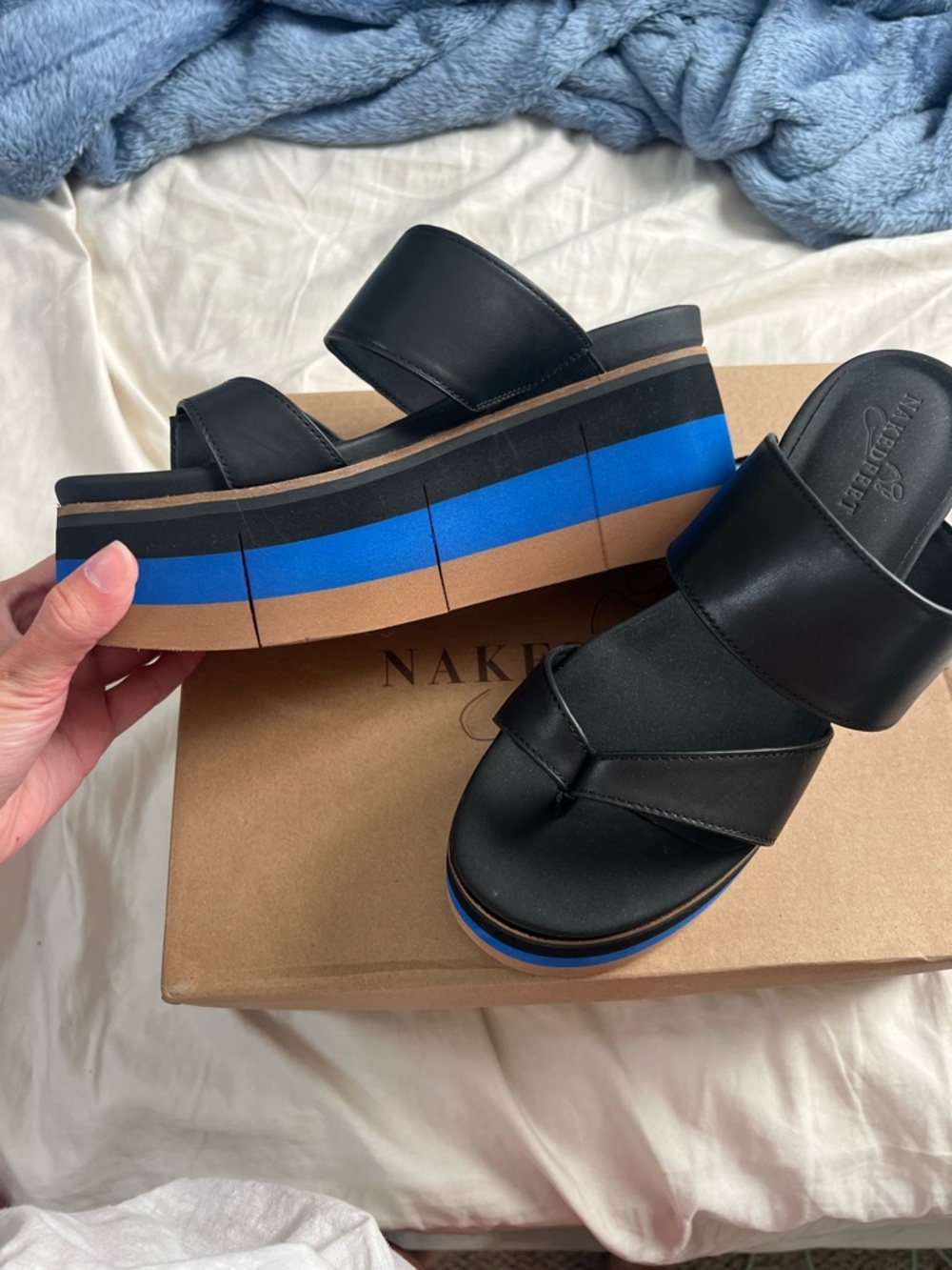 Naked Feet Black Platform Sandals with Blue and Tan Stripes